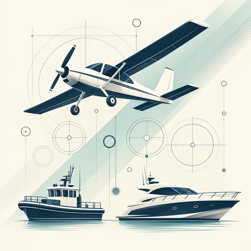 Engineering concept illustration of a propeller aircraft, workboat and motor yacht with fine technical linework