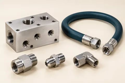 Technical concept of a hydraulic manifold, connector fittings and a dark hose