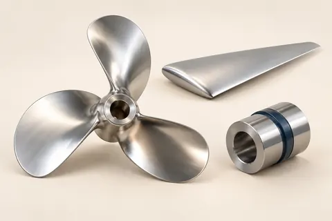 Technical concept of a marine propeller, an airfoil study and a metal coupling