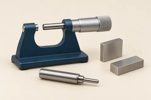 Technical concept of a micrometer, metal gauge blocks and a measurement probe