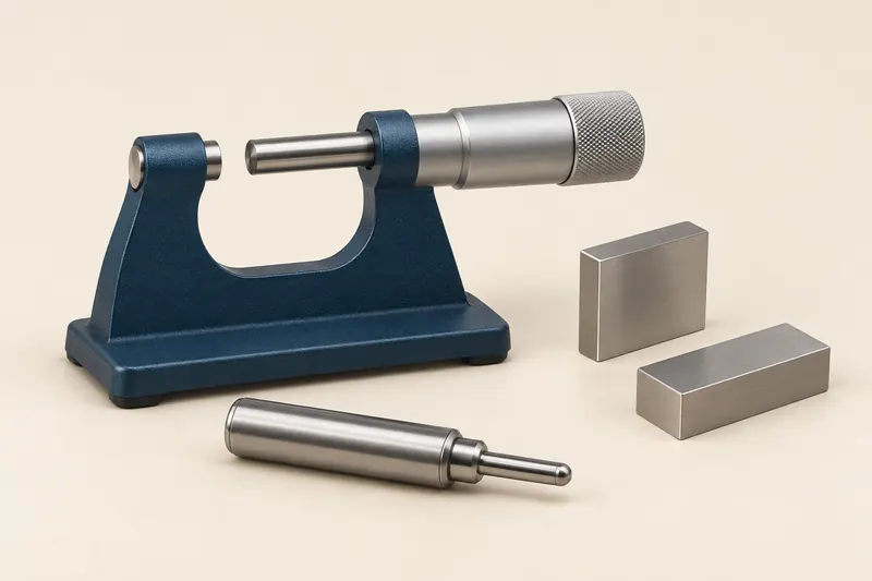 Technical concept of a micrometer, metal gauge blocks and a measurement probe