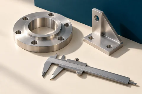 Technical concept of a machined flange, an aluminum bracket and a steel caliper