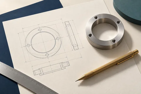Technical planning concept with an abstract drawing, drafting tools and a metal ring